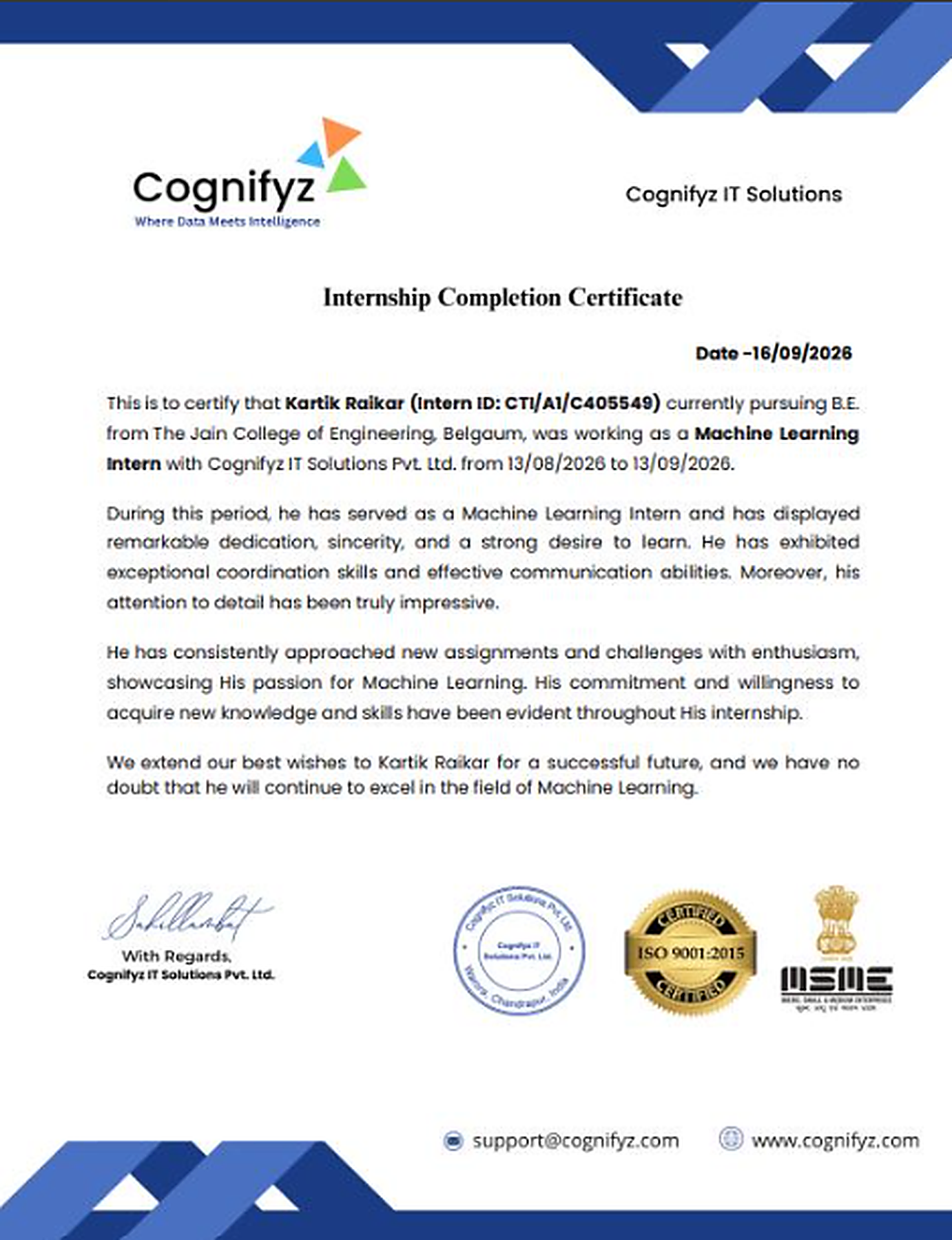 Machine Learning Internship Completion Certificate